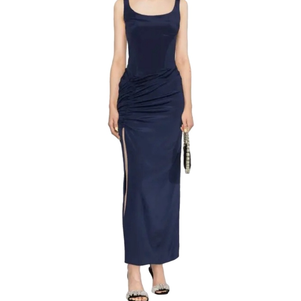 NWT The Mannei $1506 MSRP “Wishaw” Navy Blue Silk Rouched Couture Gown Size XS